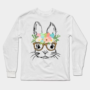 Cute Bunny Face With Leopard Glasses Women Girls Kids Easter Long Sleeve T-Shirt